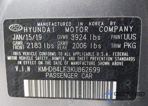 2019 Hyundai Elantra Value Edition z USA, uszkodzony, nr VIN KMHD84LF3KU862699